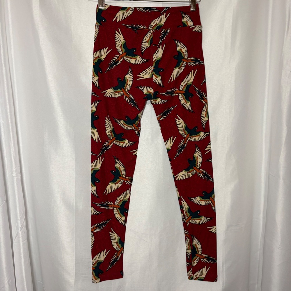 LuLaRoe Red Tropical Bird Parrot Print Leggings One Size OS Buttery Soft Womens